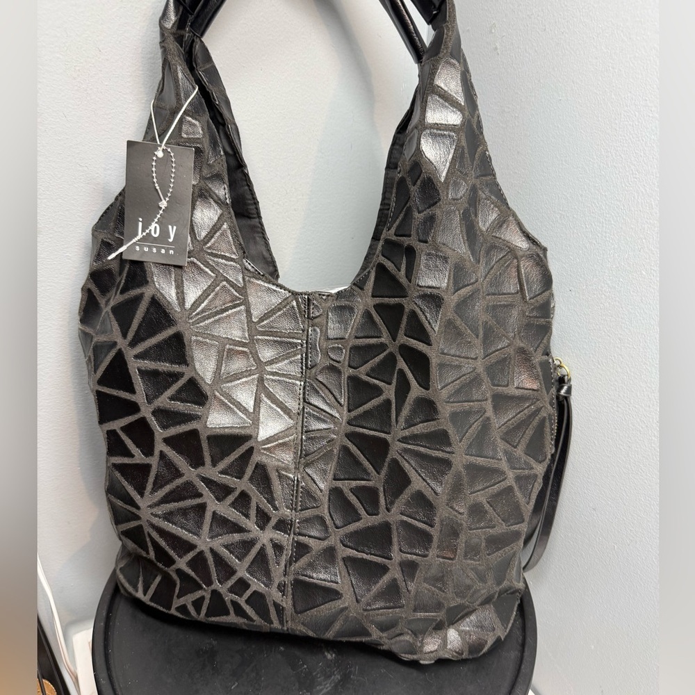 NWT susan JOY vegan leather Black hobo pocket bag old money Geometric Pattern